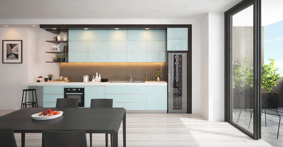 Nhẹ nhàng và đơn giản, mẫu bếp nổi bật với tông màu xanh dương nhạt, thiết kế tủ cao sát tường cùng với hệ thống cửa vách kính rộng lớn, đưa thiên nhiên tràn ngập vào trong, đem lại một cảm quan mới mẻ. BÁO GIÁ 