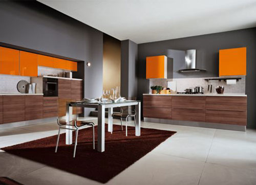 Nội thất nhà bếp đẹp, màu cam nổi bật,Màu cam là màu tạo cảm giác năng lượng, sự hứng khởi và cũng như màu đỏ, màu cam ngon miệng, màu sắc tủ bếp đẹp
